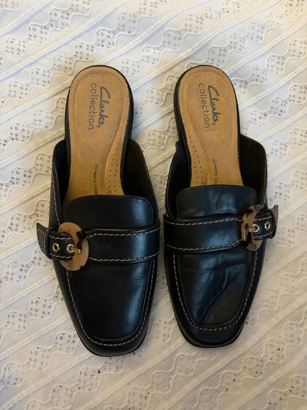 Clarks Collection Black Leather Mule Loafers Buckle Comfort Shoes Women's 6